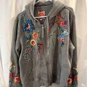 Johnny Was Gray Waffle Knit Jacket with Floral Embroidery